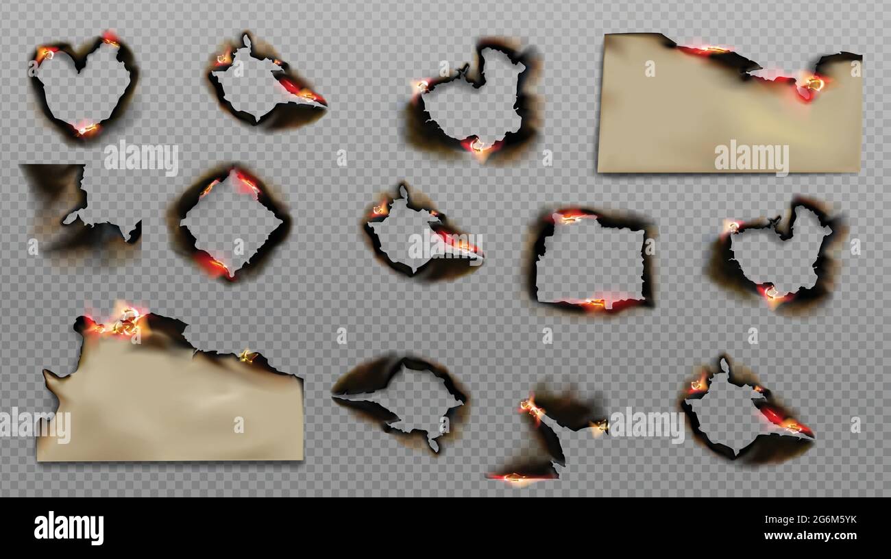 Vector brennen Papier Feuer mit realistisch verkohlten Kanten isolierte Objekte. Stock Vektor