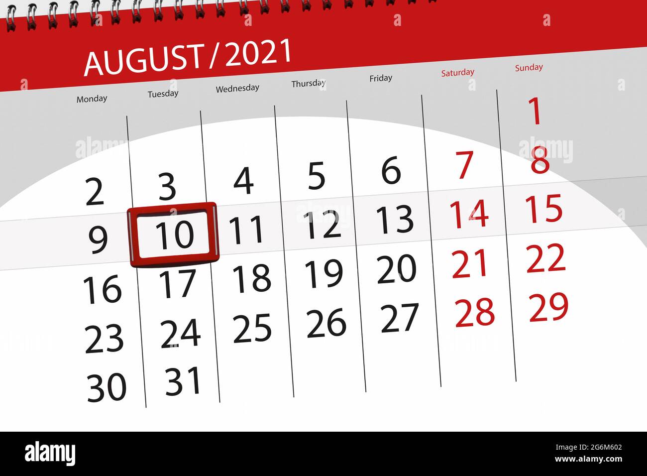 Kalenderplaner für den Monat august 2021, Stichtag, 10, dienstag. Stockfoto