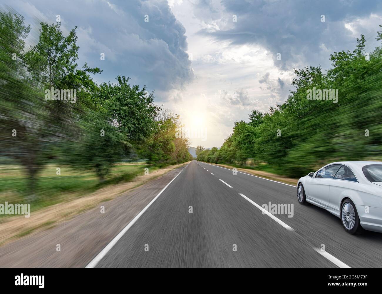 Weißes Auto fährt die Straße entlang durch den Wald entlang der Autobahn. Stockfoto