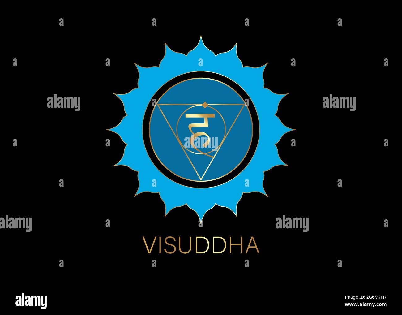 Fünftes Kehlkopfchakra visuddha mit dem Hindu-Sanskrit-Samenmantra VAM. Blaues und goldenes flaches Designsymbol für Meditation, Yoga. Round Logo-Vorlage Stock Vektor