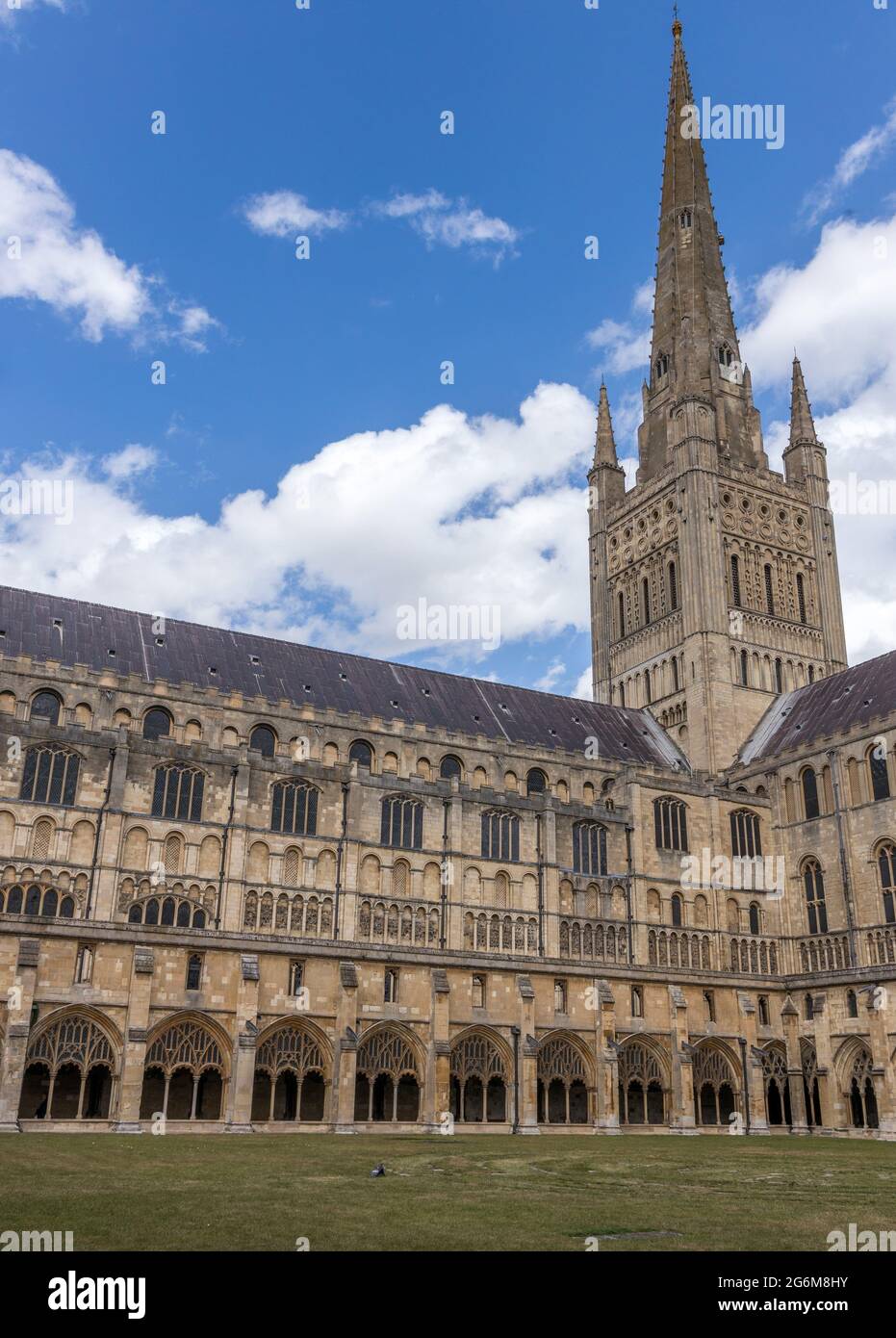 Geschlossene gewölbte Kreuzgänge und imposante Turmspitze an der Kathedrale von Norwich Stockfoto