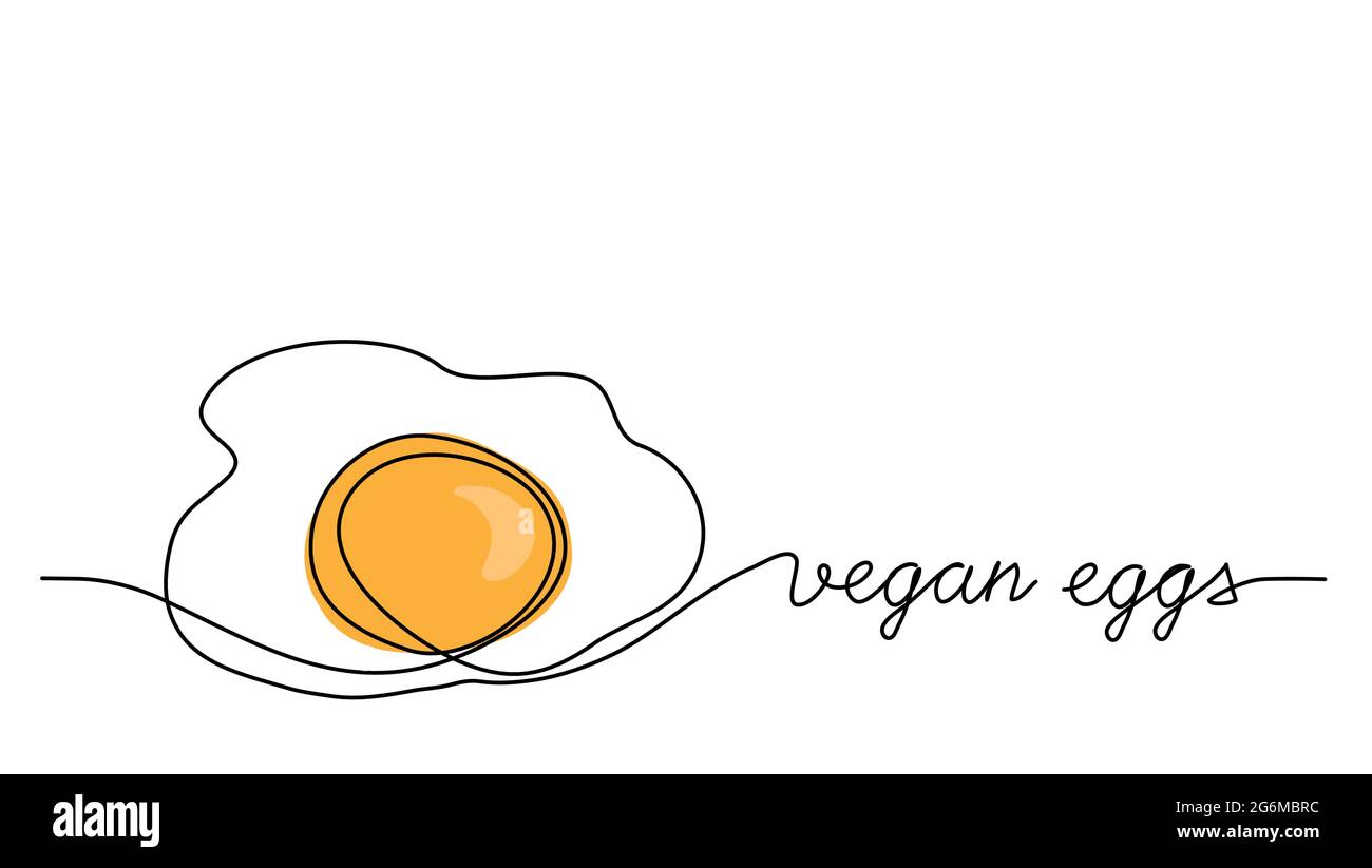 Vektorgrafik vegane Eier. Eier Eiweißersatz, vegetarischer Ersatz. Einzeilige Zeichnungskunst mit Schriftzügen für vegane Eier Stock Vektor