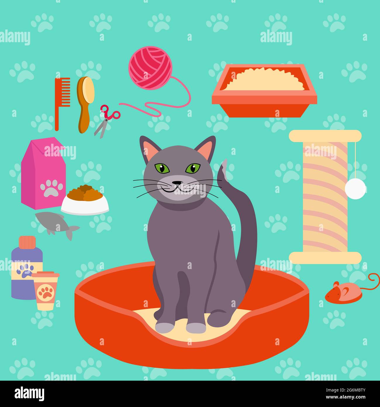 Vektor-Illustration von Katze und verschiedene Tierpflege-Accessoires für Katzen. Icons-Kollektion im flachen Stil. Stock Vektor