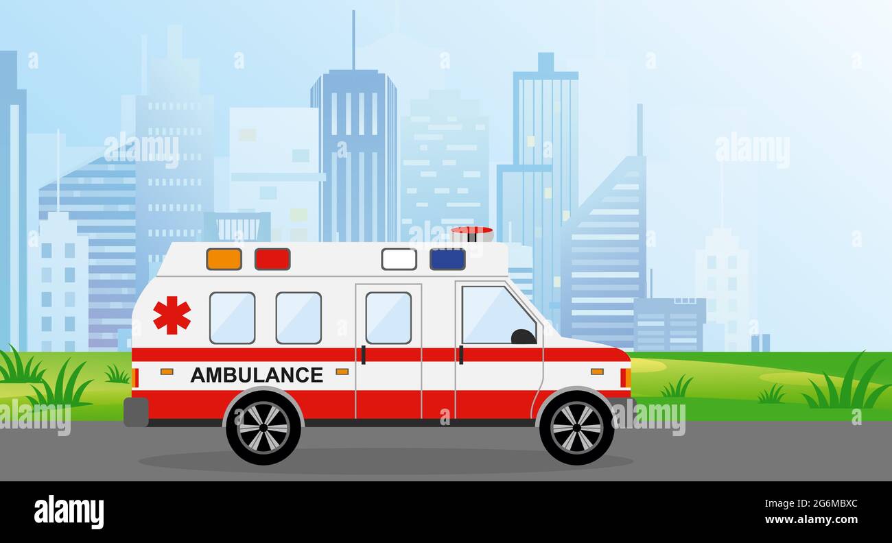 Vektor-Illustration Krankenwagen in der Stadt. Stadtbild auf dem Hintergrund in hellblauen Farben. Automatischer Notruf in flacher Ausführung. Stock Vektor
