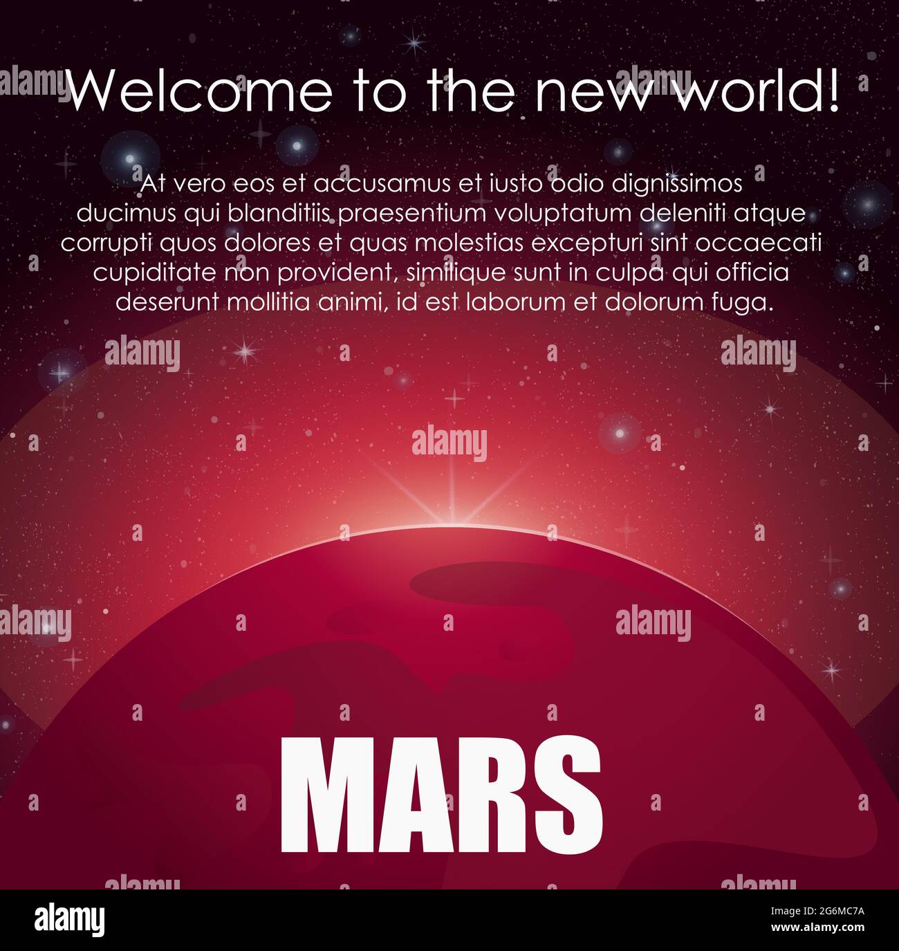 Vektor-Illustration Mars-Planet und hellen Stern hinter im Weltraum. Abstrakter wissenschaftlicher Hintergrund mit Platz für Text. Stock Vektor