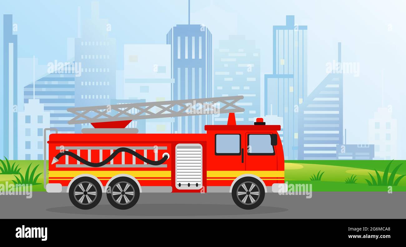 Vektor-Illustration Feuer LKW in flachem Stil auf modernen Blick Stadt Hintergrund. Stock Vektor