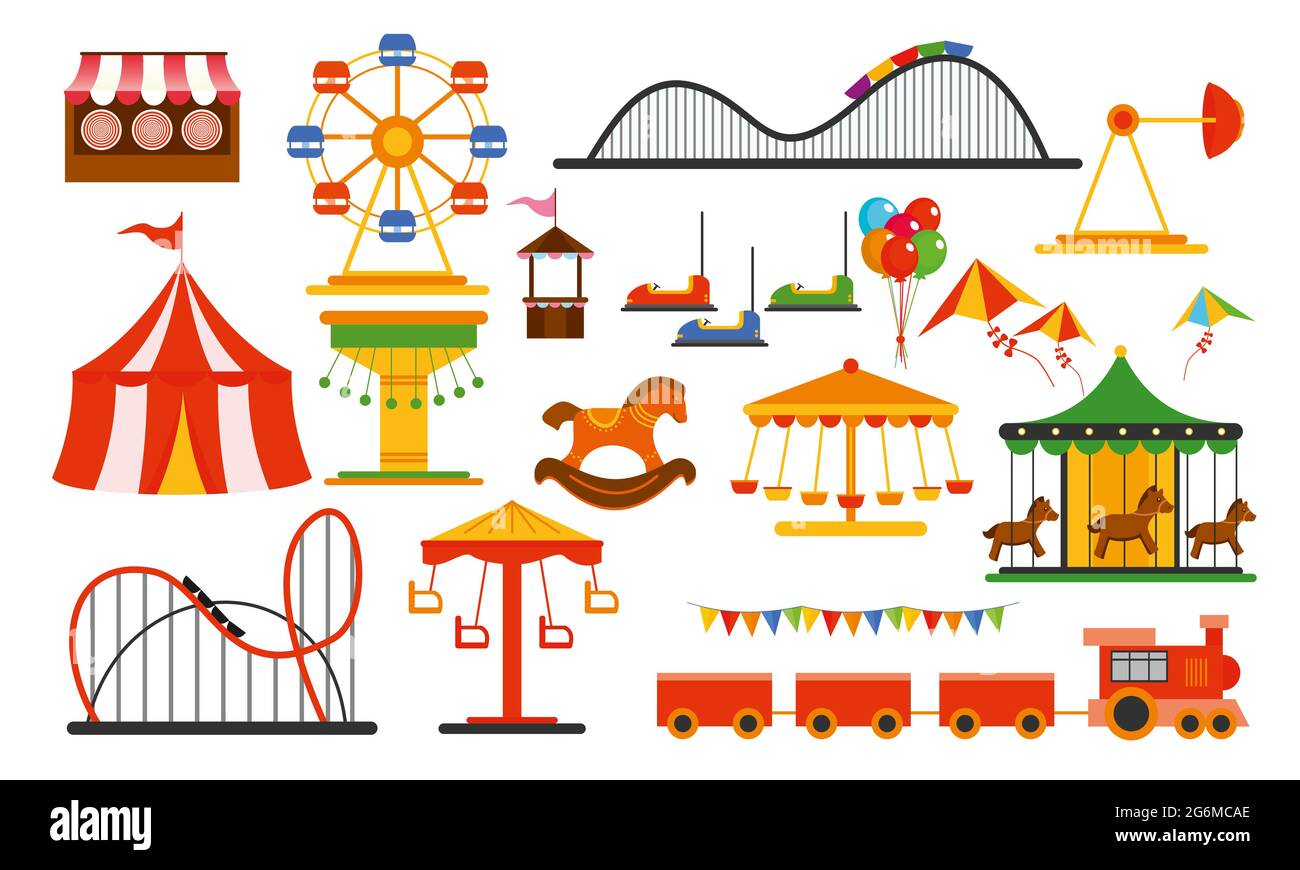 Vektor-Illustration Vergnügungspark Elemente auf weißem Hintergrund. Familienruhe im Fahrpark mit buntem Riesenrad, Karussell, Zirkus im flachen Stil. Stock Vektor