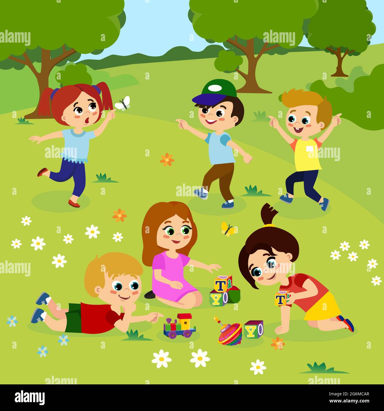 Vektor-Illustration von Kindern, die draußen auf grünem Gras mit Blumen, Bäumen spielen. Glückliche Kinder spielen auf dem Hof mit Spielzeug im Cartoon-Flat-Stil. Stock Vektor