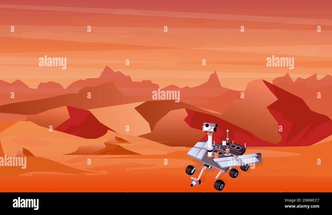 Vektordarstellung der Mars-Planetenlandschaft und Weltraumerkundung Maschine, Weltraumtechnologie in flachem Stil. Stock Vektor