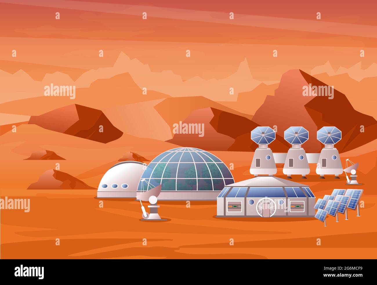 Vektor-Illustration Konzept der Mars-Kolonisation Mission. Mars-Landschaft mit Bergen. Das Zuhause für Menschen auf dem roten Planeten im flachen Design. Stock Vektor