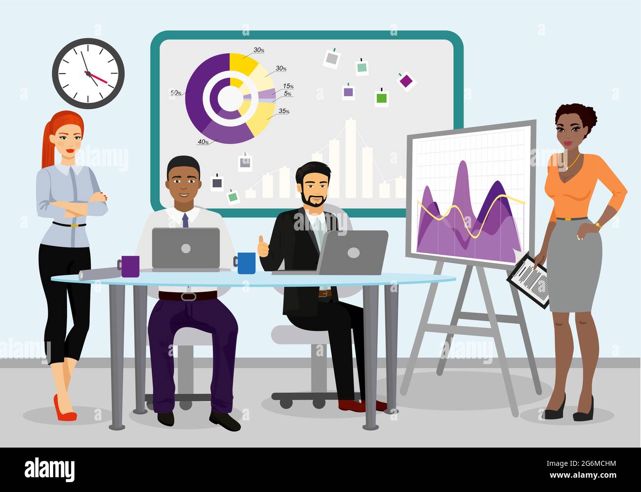 Vektor-Illustration der Business-Team-Manager arbeiten zusammen. Geschäftsmann führt die Präsentation während der Sitzung im Büro Vektor-Illustration. Stock Vektor