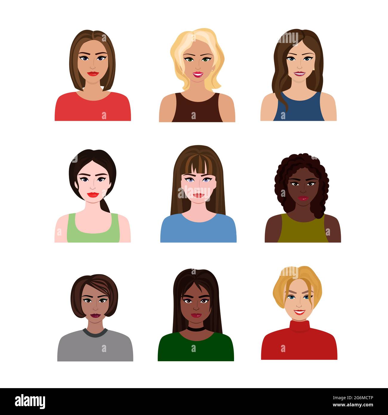 Vektor-Illustrationen von schönen jungen Mädchen und Frauen verschiedenen Nationen mit verschiedenen Frisuren. Weibliche Avatare im flachen Cartoon-Stil. Stock Vektor