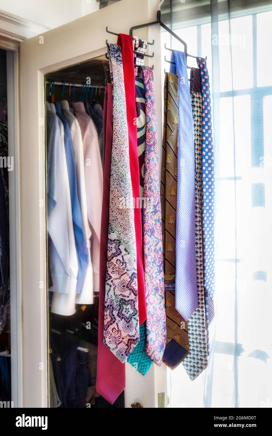 Bunte Krawatten Aufhängen an einer Schranktür auf einem Storage Organizer, USA Stockfoto