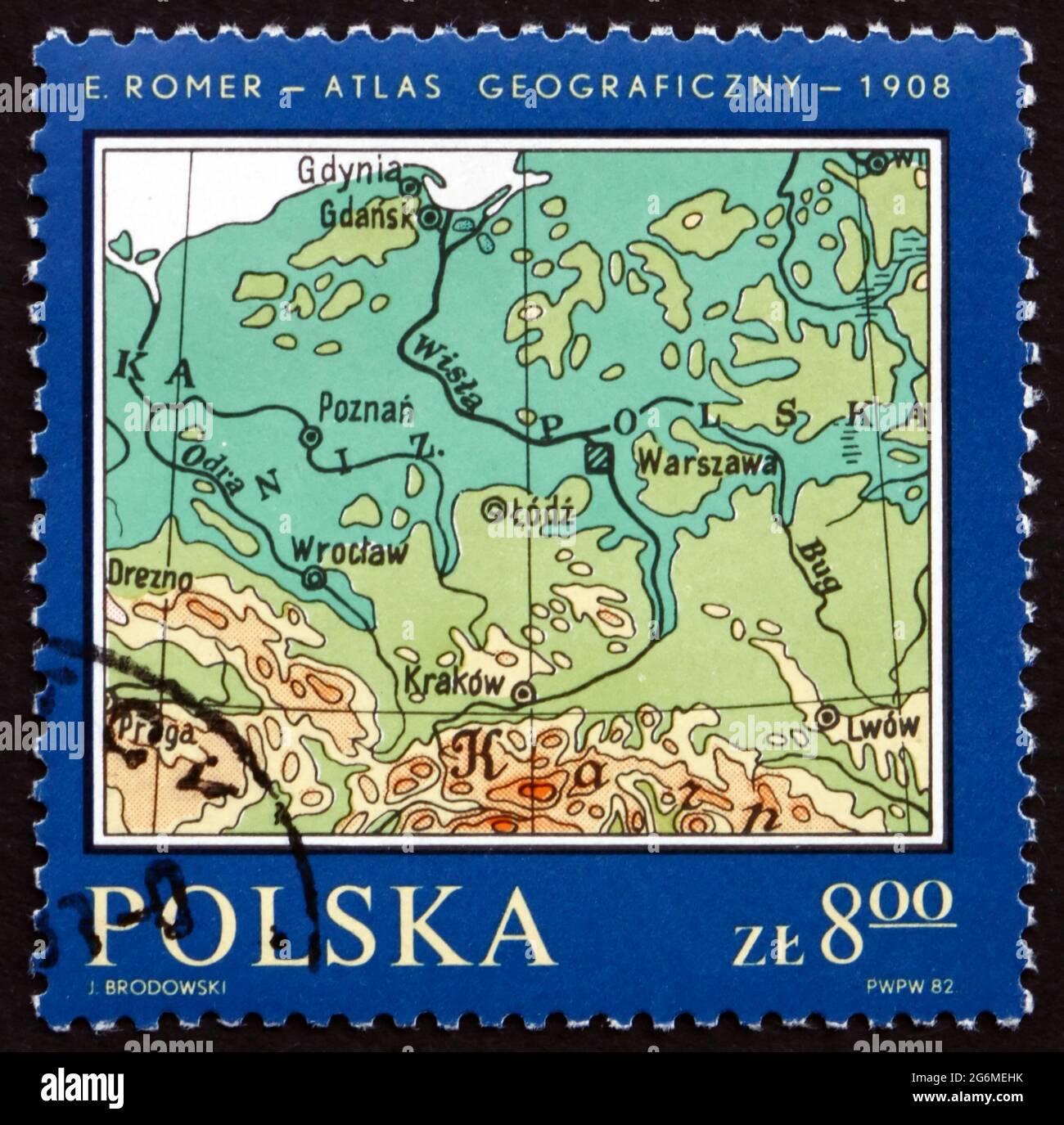 POLEN - UM 1982: Eine in Polen gedruckte Briefmarke zeigt Map of Poland, Romers Atlas, 1908, um 1982 Stockfoto