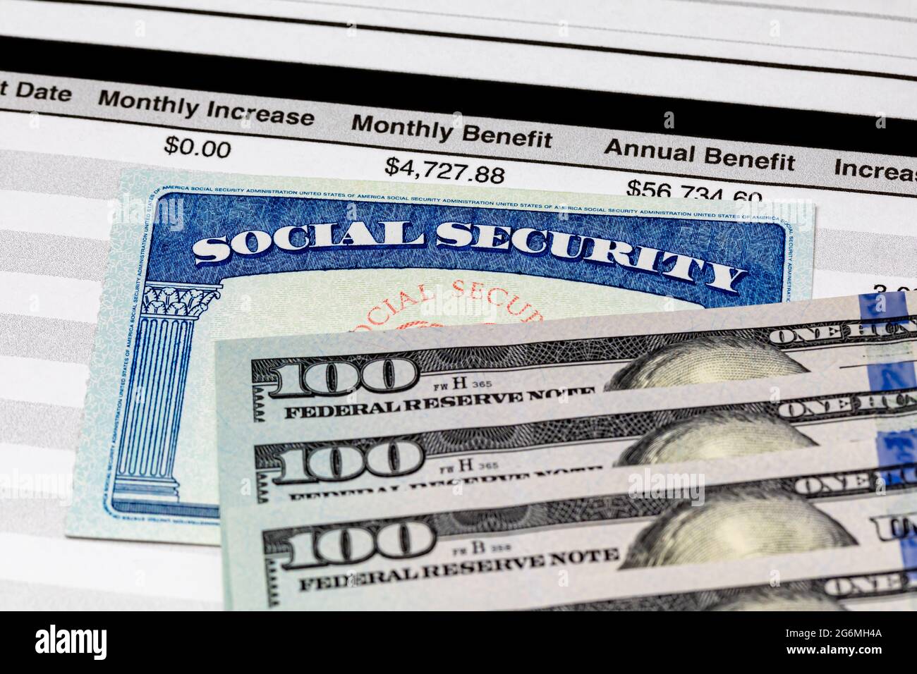 Sozialversicherungskarte, Leistungsübersicht und 100-Dollar-Rechnungen. Konzept für die Finanzierung der sozialen Sicherheit, die Zahlung, den Ruhestand und die staatlichen Leistungen Stockfoto