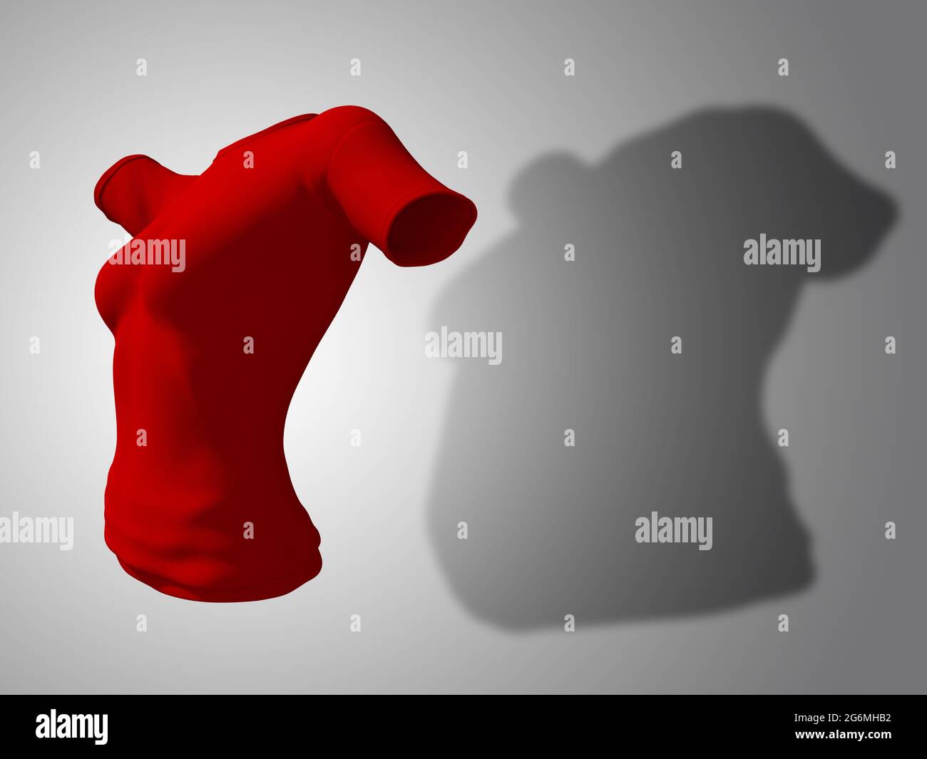 Conceptual Fett übergewichtig fettleibig Schatten weibliche Bluse Outfit vs schlank fit gesunden Körper nach Gewichtsverlust oder Diät dünne junge Frau auf grau. Ein Fitness, nu Stockfoto