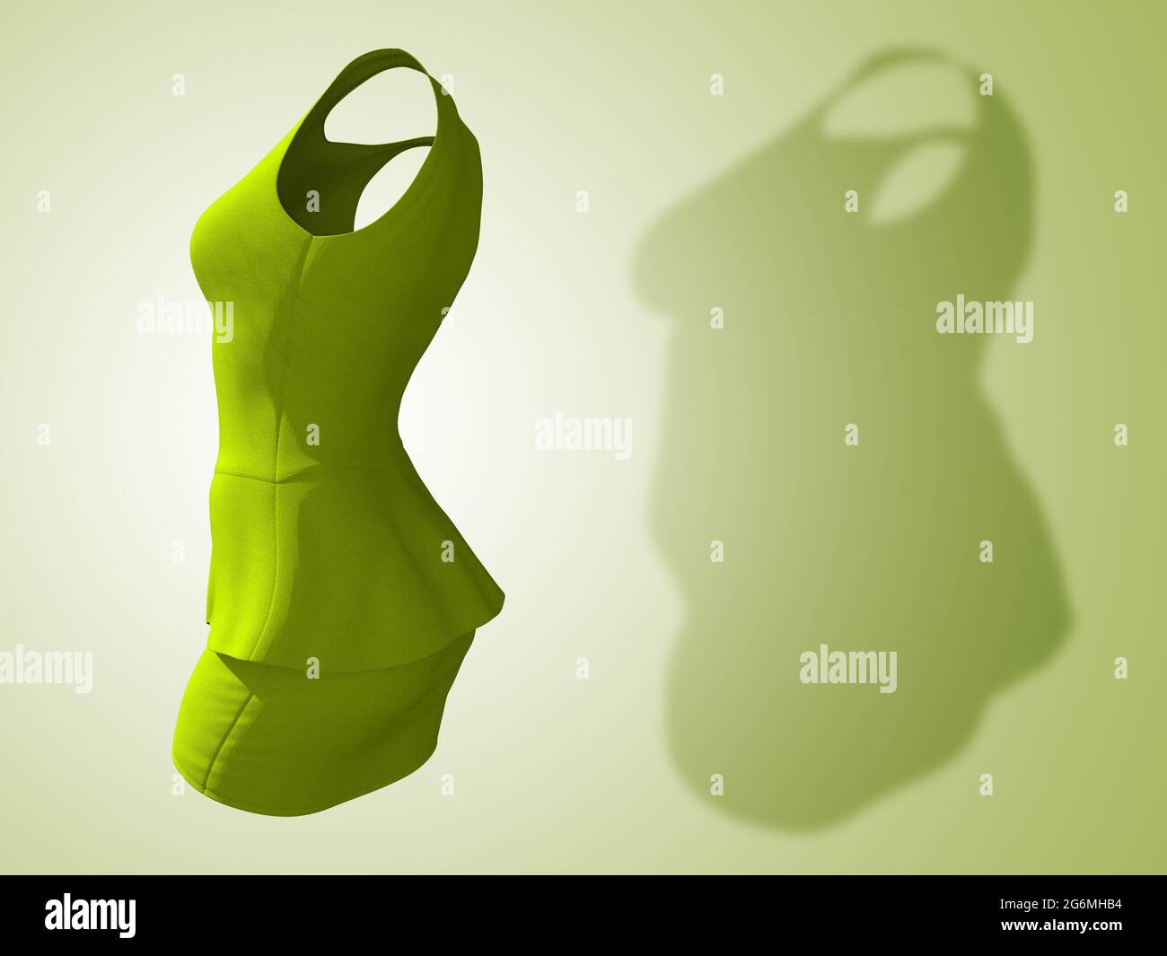 Conceptual Fett übergewichtig fettleibig Schatten weibliche Bluse und Rock vs schlank fit gesunden Körper nach Gewichtsverlust oder Diät dünne junge Frau auf grün. Ein Fitness Stockfoto
