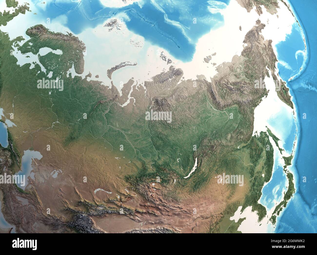 Physische Karte von Nordasien, Sibirien und Russland, mit hochauflösenden Details. Satellitenansicht des Planeten Erde - von der NASA eingerichtete Elemente Stockfoto