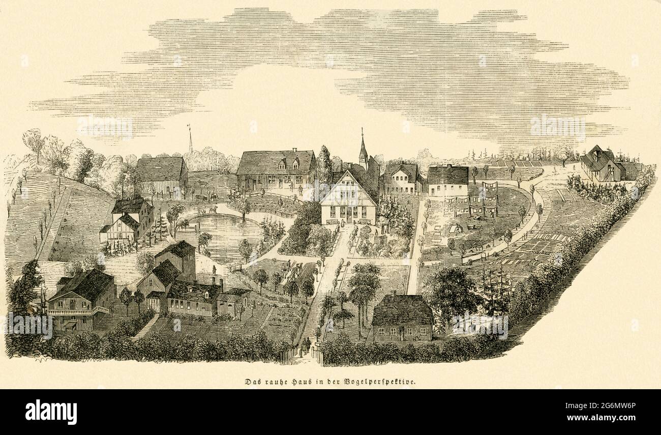 Europa, Deutschland, Hamburg, Horn, Blick auf das rauhe Haus ( gegründet von Johann Hinrich Wichern ), Illustration aus : ' Illustrierte Zeitung ', Nr. 171, Seite 236, 1846 / Europa, Deutschland, Hamburg, Horn, Blick auf das Rauhes Haus ( gegründet von Johann Hinrich Wichern ), Illustration aus: "Illustrirte Zeitung", Nr. 171, Seite 236, 1846. Stockfoto