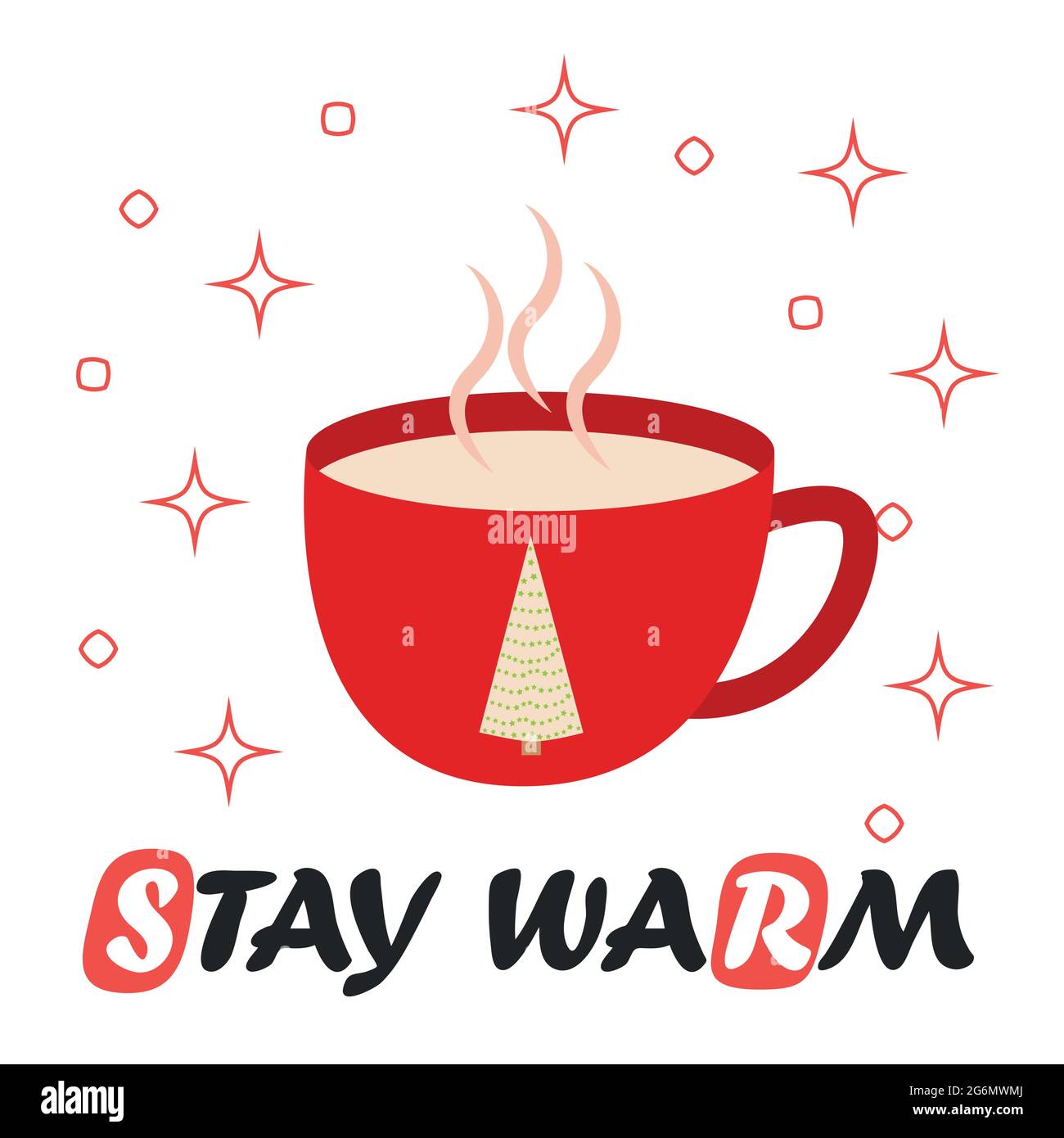 Frohe Weihnachtskarte. Roter Becher mit Kakao aus heißer Schokolade, Grußkarte, Bekleidung und Label-Design. Stock Vektor