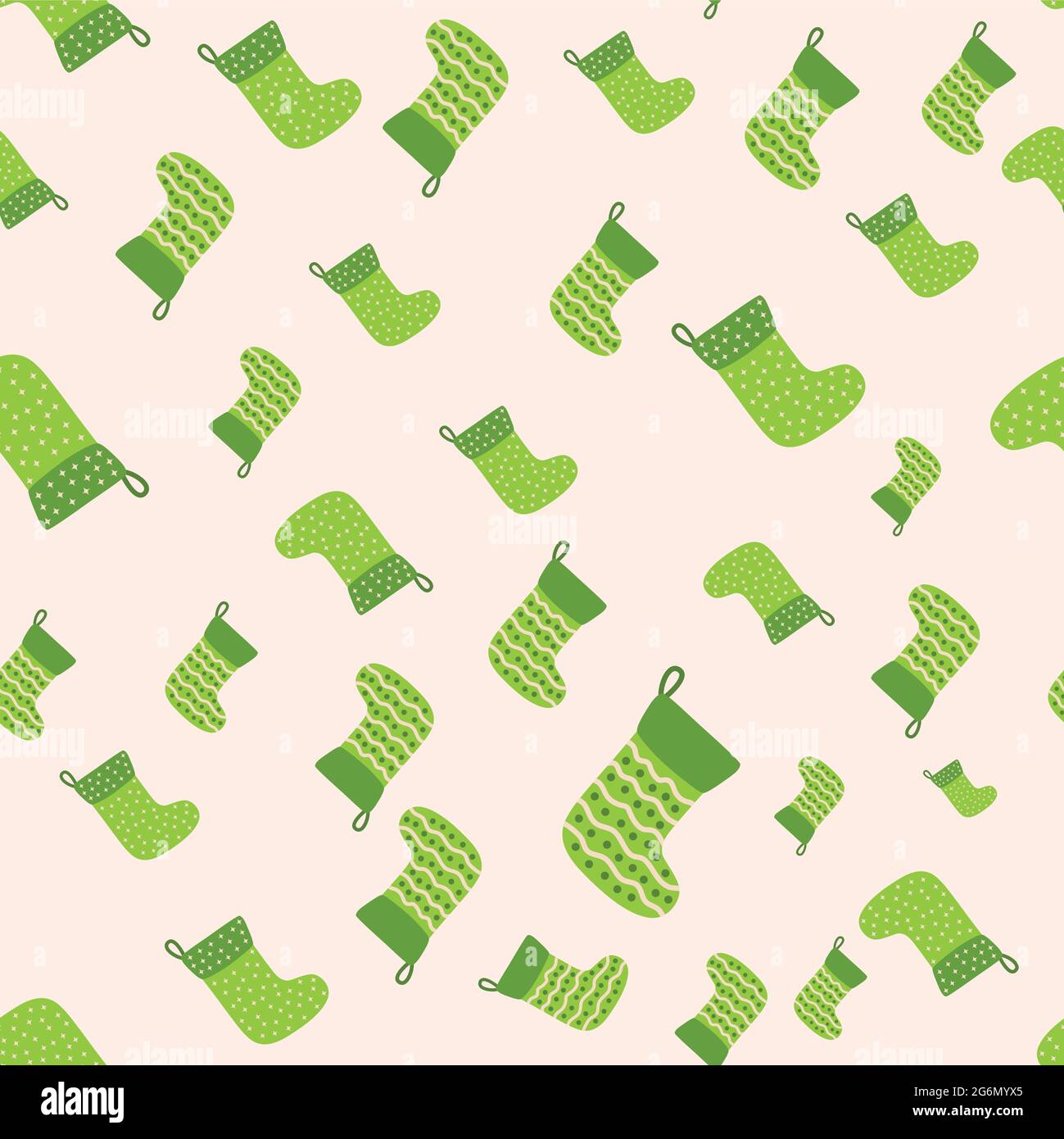 Weihnachtlicher Hintergrund mit grünen, roten Strümpfen, Geschenkpapier und Hintergrundbild. Weihnachtliche Strümpfe im nahtlosen Muster. Stock Vektor