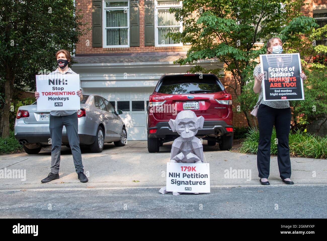 Chevy Chase, MD - JULI 6: PETA liefert Monkey Bearing 179,000 Unterschriften an NIH Directorâ Haus von Francis Collins, um ein Ende der NIH-Experimente zu fordern Elisabeth Murray experimentiert am 7. Juli 2021 in Chevy Chase, Maryland, an Affen. Quelle: Patsy Lynch/MedaPunch Stockfoto