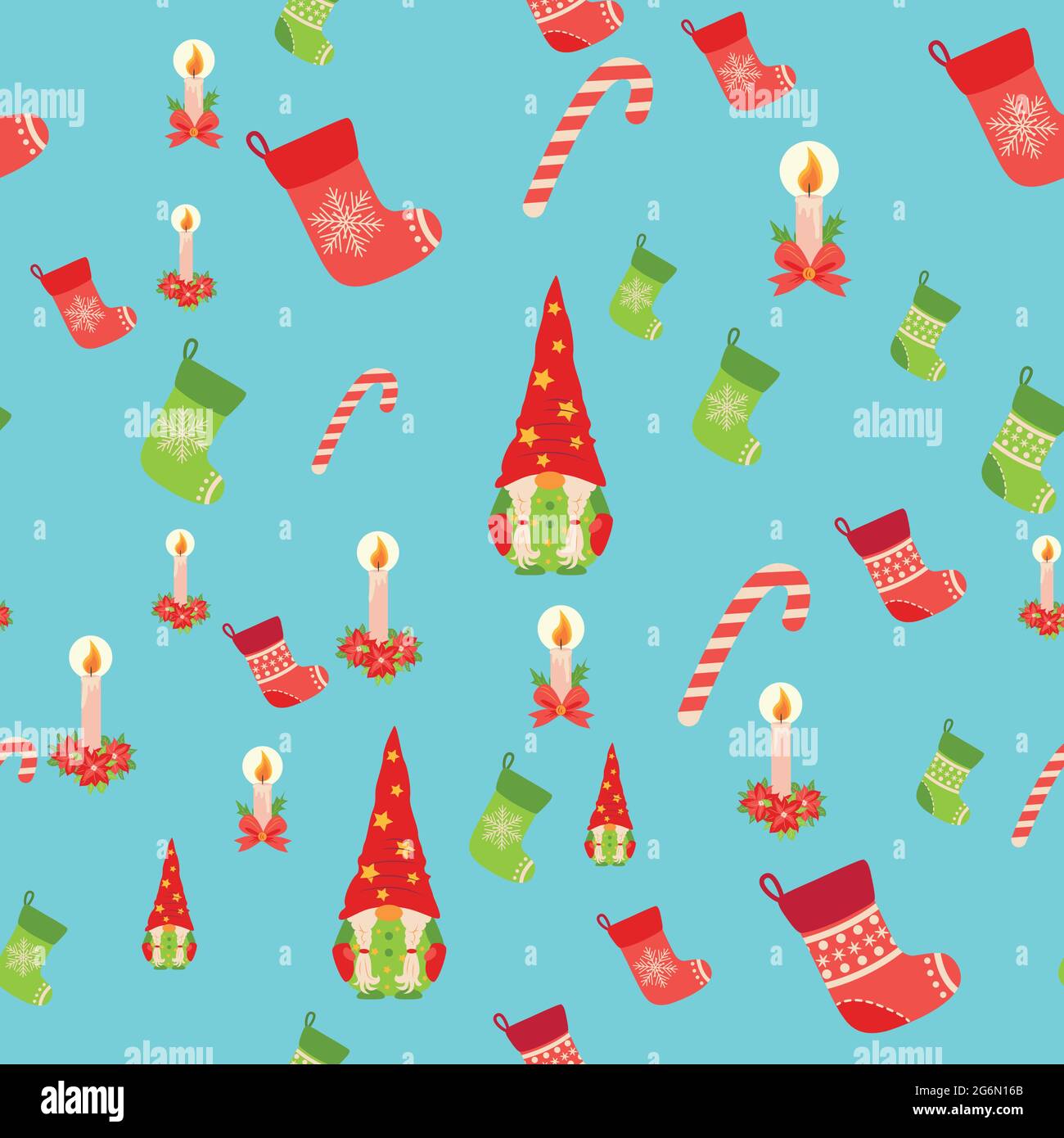 Nahtloses Weihnachtsmuster mit Gnom, Kerze, Strumpf, Zuckerrohr. Geschenkpapier, Dekoration. Stock Vektor