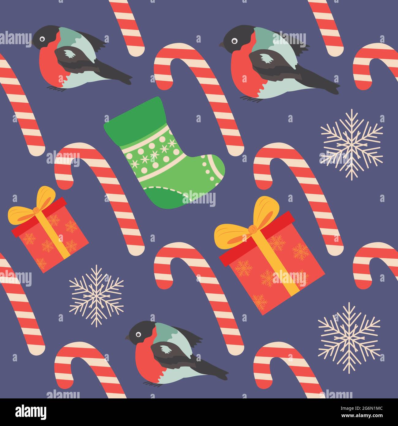 Weihnachtliches nahtloses Muster mit Zuckerrohr, Geschenk, Strumpf, Bullfinch-Vogel. Weihnachts-Geschenkpapier Stock Vektor