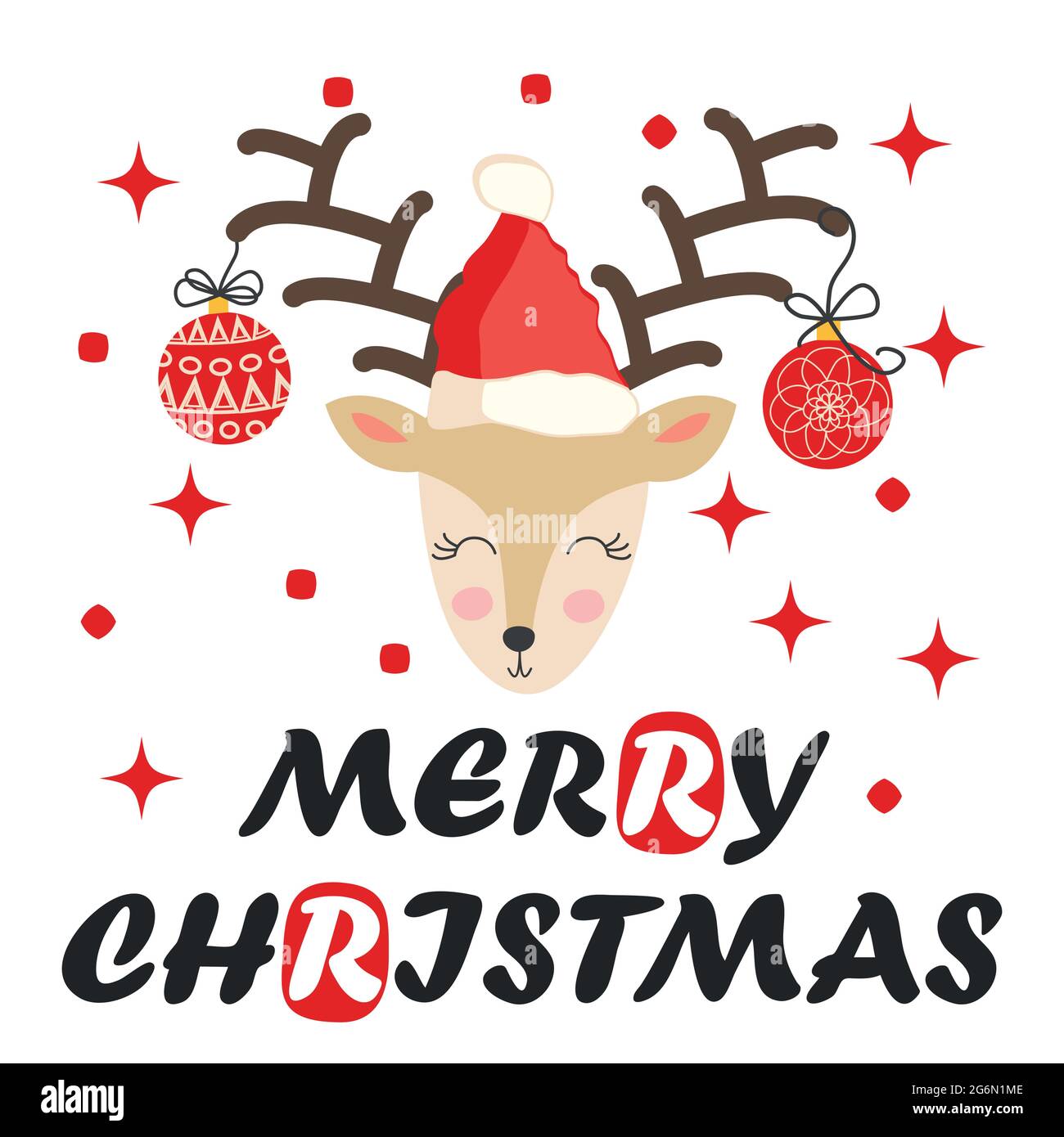 Rentier mit Weihnachtssternen auf den Hörnern und einem weihnachtsmannhut. Weihnachtskarte mit einem Hirsch und Buchstaben. Niedliches Winterposter, Weihnachtskarte Stock Vektor