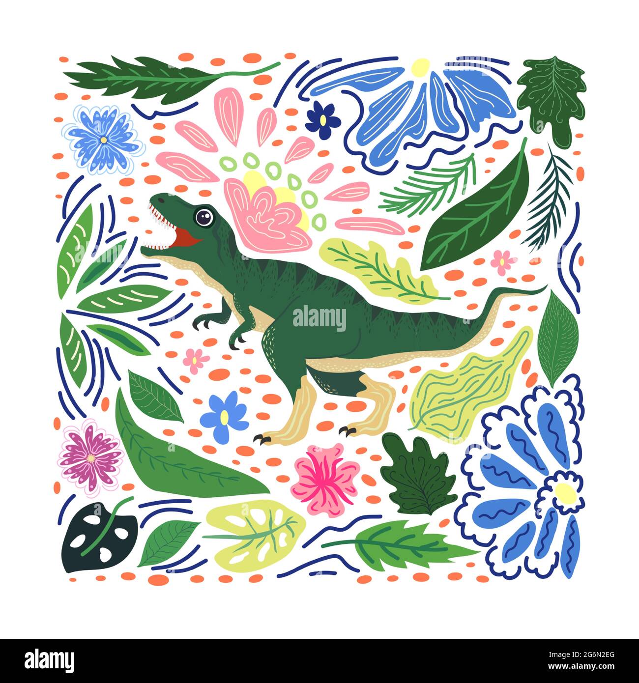 Tyrannosaurus grüne, prähistorische Dinosaurier-Kollektion. Uralte Tiere. Von Hand gezeichnet. In einem Rahmen aus Blumen und Blättern Stock Vektor