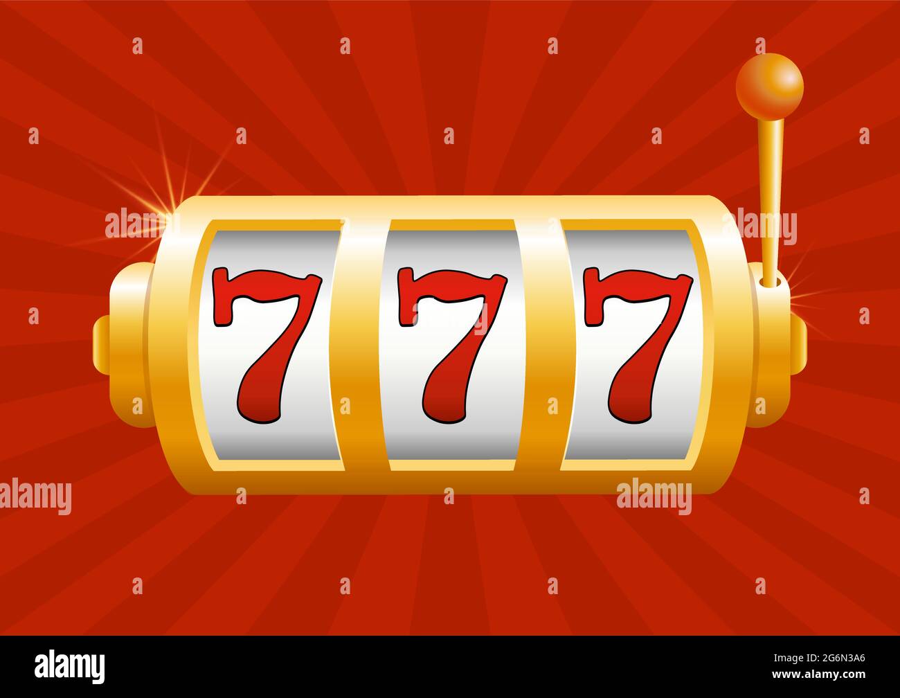 Vektor-Illustration des goldenen Spielautomaten gewinnt den Jackpot. Isoliert auf rotem Hintergrund. Jackpot im Spiel, Gewinner. Stock Vektor