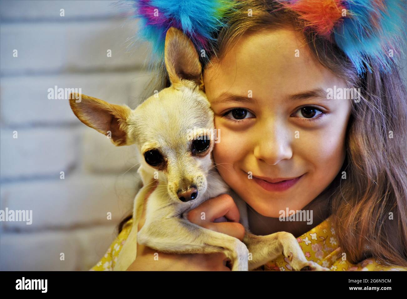 8-jähriges kaukasisches Mädchen mit braunen Augen und ihrem winzigen Hund und Farbtupfer im Haar lächelnd und eine schöne Zeit zu haben Stockfoto