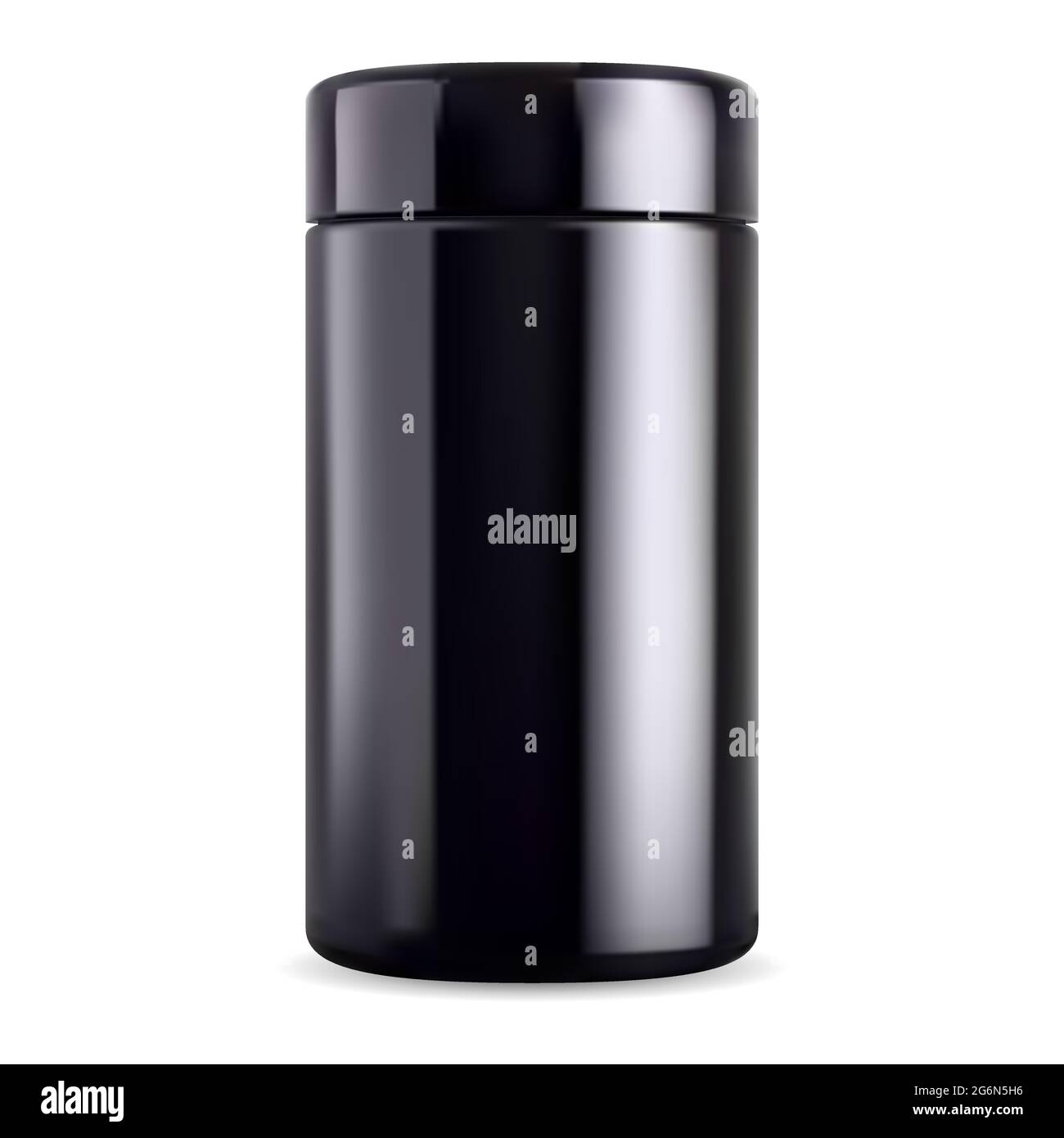 Schwarzes Glas im Nachbau. Schwarze Glasflasche, Supplement Dose. Glänzende Sportverpackung aus Kunststoff, Vektor-Teebehälter. Herren Kosmetik Beauty-Paket, Körpercreme, Stock Vektor
