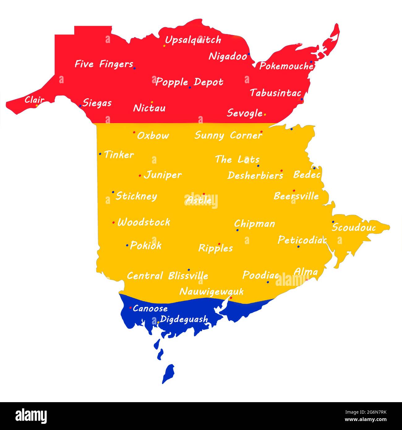 Eine Karte von New Brunswick, Kanada, zeigt seine Landesflaggenfarben und Stadtstandorte mit einzigartigen Namen wie Sunny Corner und Beersville Stockfoto