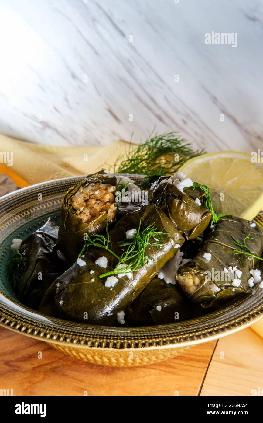 Armenische Yaprak dolma, gefüllte Traubenblätter Vorspeise Stockfoto