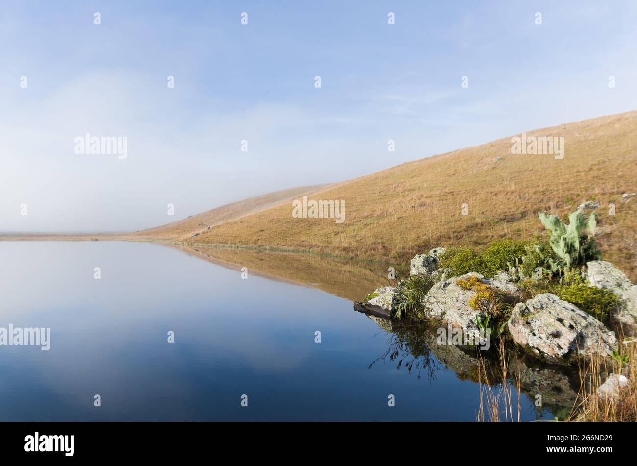 Schöne Seenlandschaft an einem nebligen Tag. Stockfoto