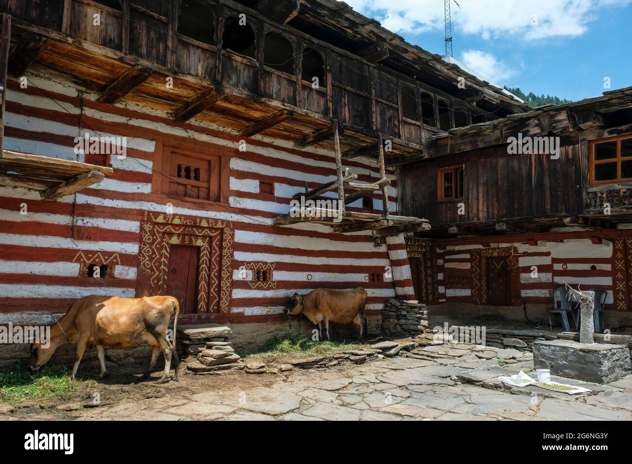 Manali, Indien - 2021. Juni: Traditionelle Häuser im Viertel Old Manali am 25. Juni 2021 in Manali, Himachal Pradesh, Indien. Stockfoto