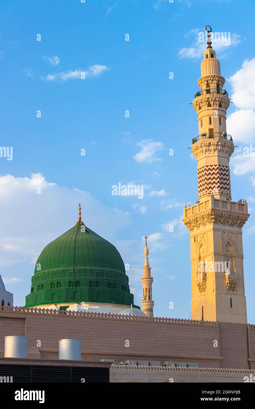 Medina, Masjid Nabawi oder Prophet Mosque. Der berühmte Green Dome. Madinah al-Munawwarah Stockfoto