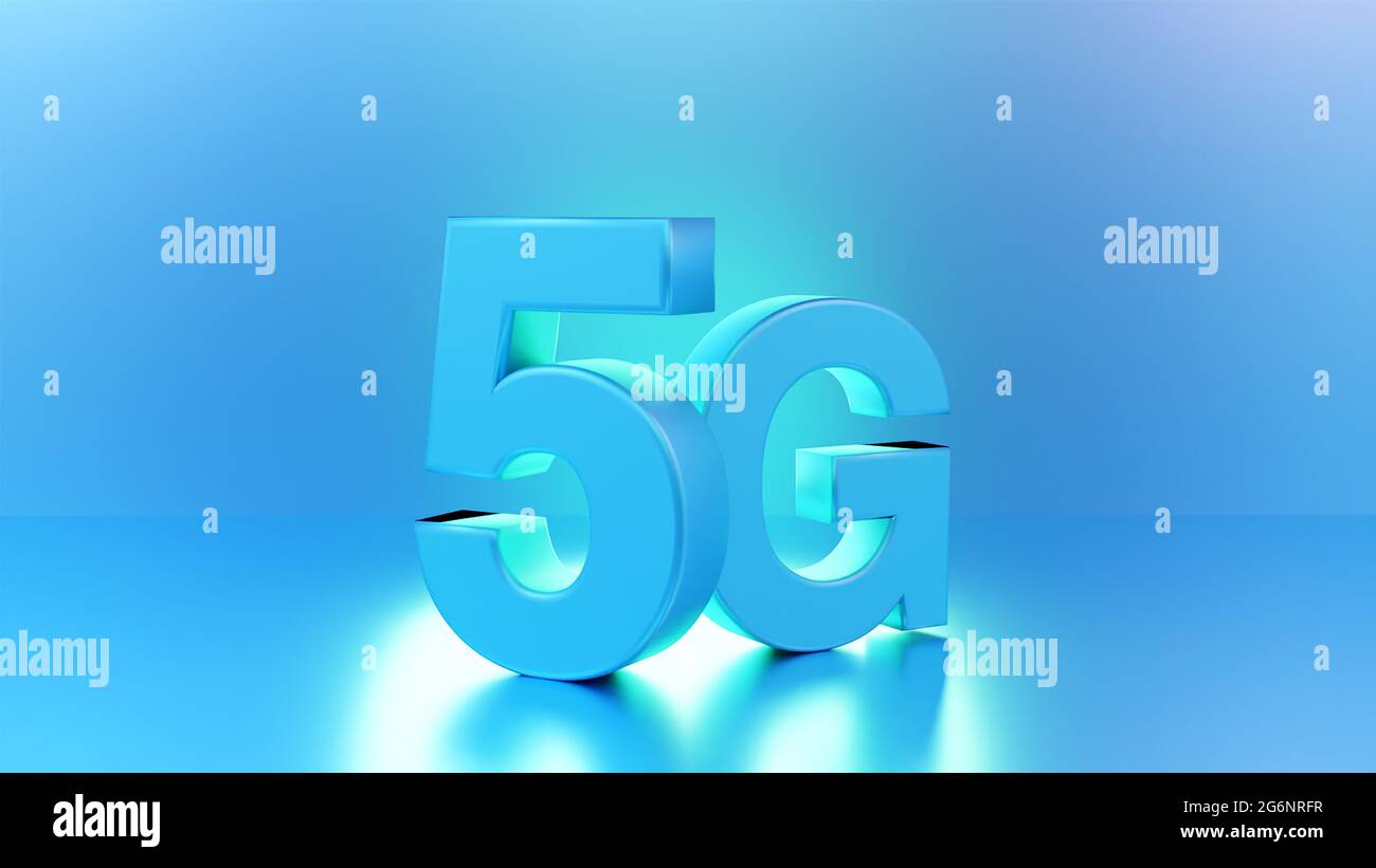 Die Inschrift 5G auf dem Hintergrund des Globus. 5G-Netz, schnelles mobiles Internet, Netzwerke der neuen Generation, kreativer Hintergrund Stockfoto