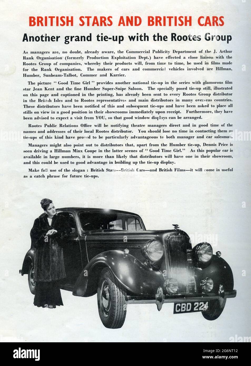 JEAN KENT und HUMBER SUPER-SNIPE SALOON Rootes Group Werbekampagne für Autos, die in GOOD TIME GIRL verwendet werden 1948 Regisseur DAVID MacDonald Novel Night Darkens the Streets von Arthur La Bern Schriftsteller Muriel Box Sydney Box und Ted Willis Sydney Box Productions / General Film Distributors (GFD) Stockfoto