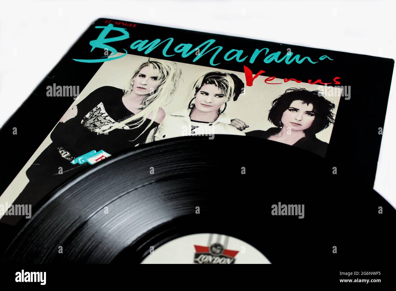 Disco-Band der 80er und 90er Jahre, Bananarama, Musikalbum auf Vinyl-LP-Disc. Single Venus Song Album Cover Stockfoto