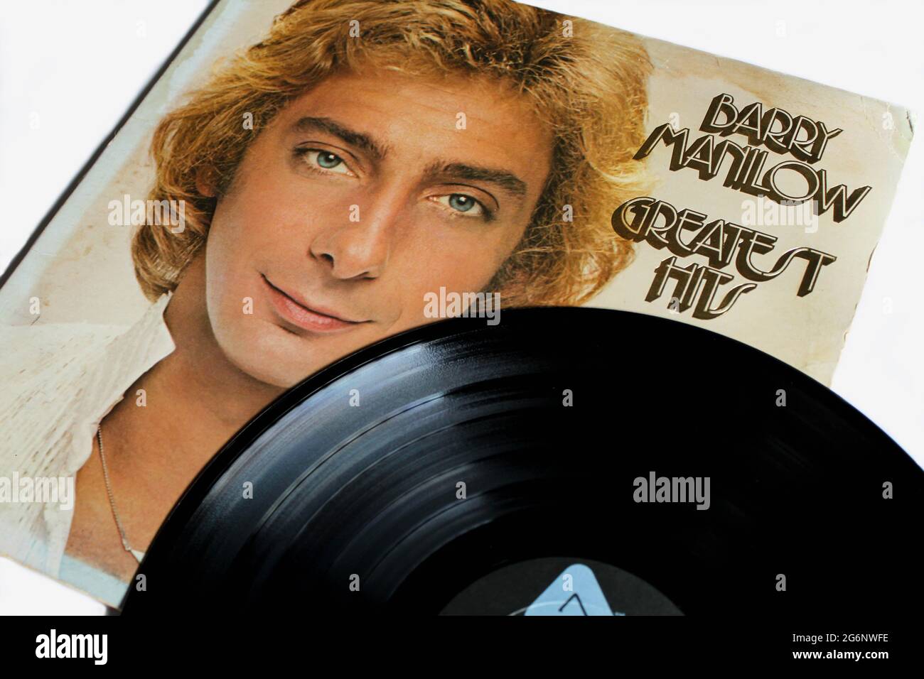 Pop-Künstler, Barry Manilow Musikalbum auf Vinyl-Schallplatte. Die Platte trägt den Titel Greatest Hits Album Cover Stockfoto