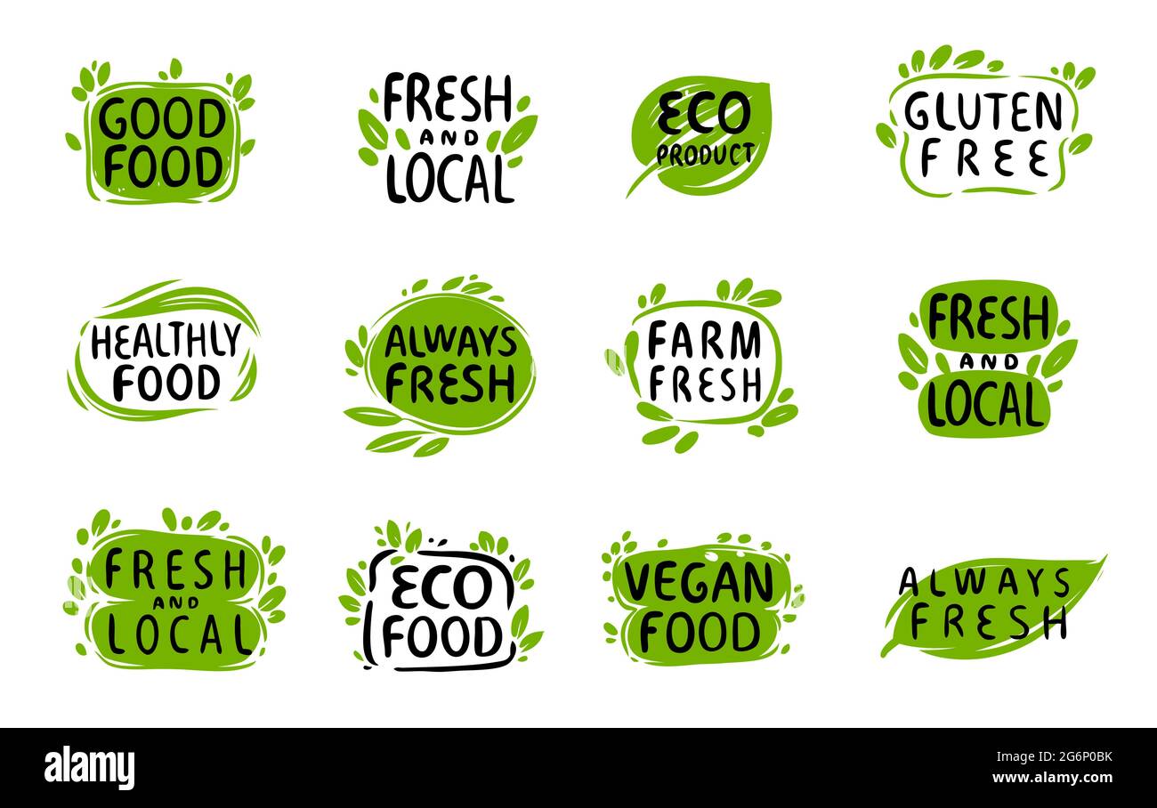 Symbol für natürliche, biologische Lebensmittel. Set von Aufklebern, Etiketten, Tags. Eco, Bio mit Blättern Symbol Stock Vektor