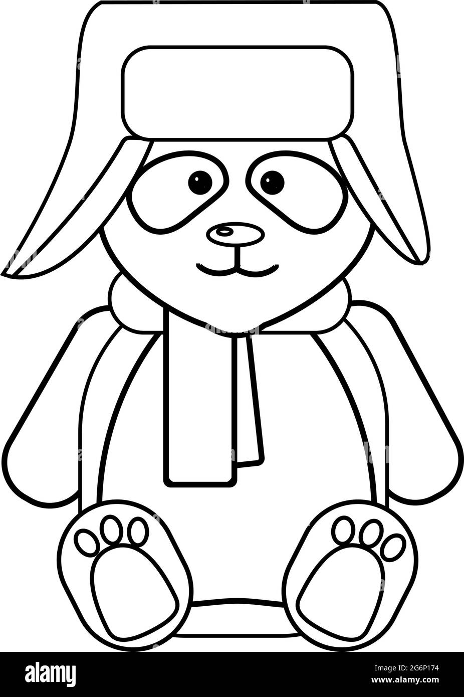 Ein lustiger Panda sitzt in einem Hut mit Ohrenklappen und einem Schal. Vektor-Illustration von Doodle Umriss. Stock Vektor