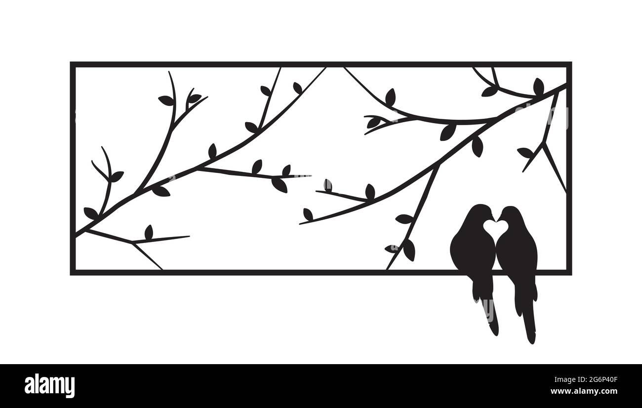 Vögel stehen auf dem Rahmen eines Fensters, Vektor. Vögel koppeln Silhouetten, die eine Herzform bilden, isoliert auf weißem Hintergrund. Schwarz-weiße Wanddeca Stock Vektor