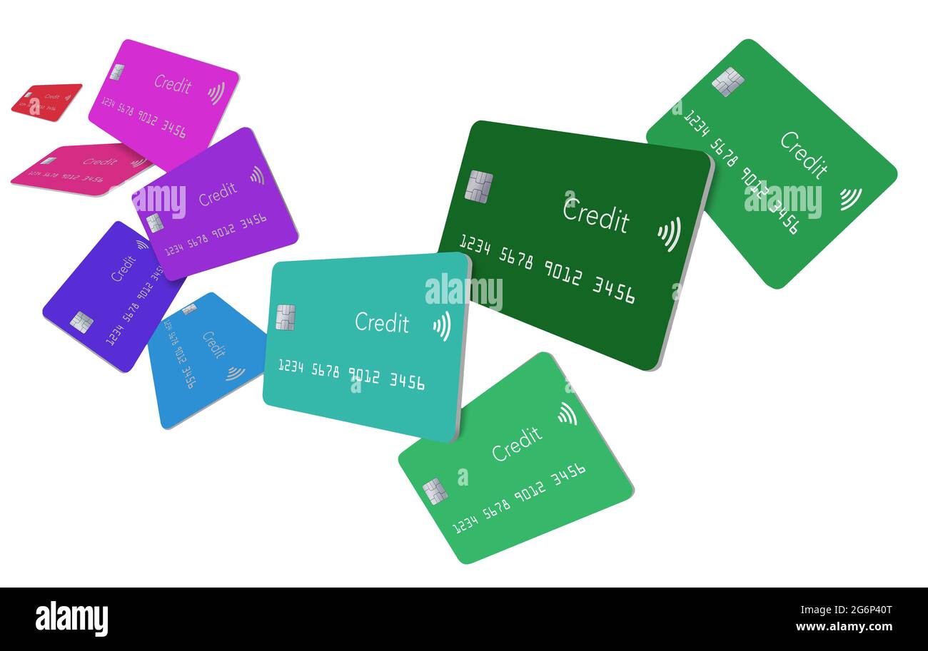 Elf allgemeine Kreditkarten schweben und fliegen auf einem weißen Hintergrund in dieser isolierten 3-D-Abbildung. Stockfoto