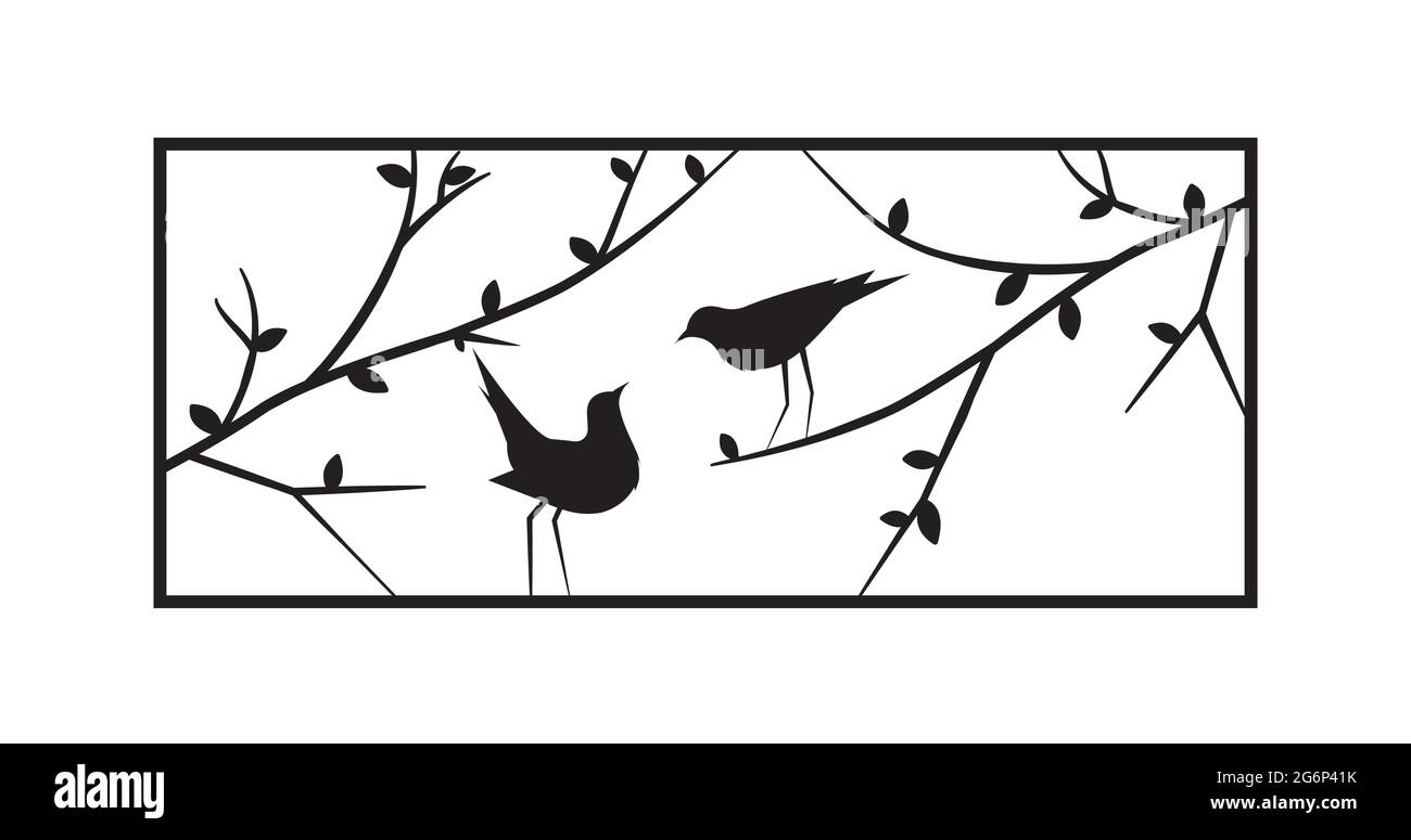 Vögel auf Ast, Ansicht eines Fensters, Vektor. Silhouetten von Vögeln auf Draht isoliert auf weißem Hintergrund. Schwarz-weiße Wandtattoos, minimalistisches Kunstdesign, Stock Vektor