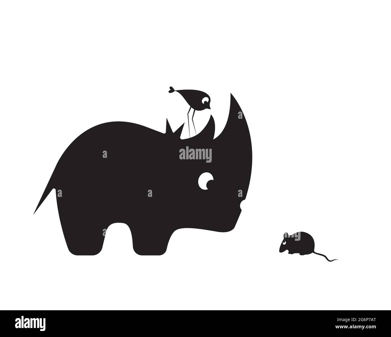 Rhino, Vogel und Maus Cartoon-Illustration isoliert auf weißem Hintergrund, Vektor. Rhino, Vogel und Mäuse Silhouette. Witziges Kinderkunstdesign, Wandtattoos Stock Vektor
