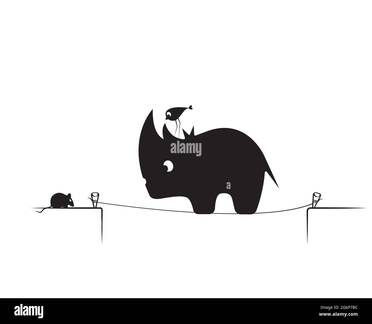 Nashorn, Vogel und Maus auf Draht, Cartoon-Illustration isoliert auf weißem Hintergrund, Vektor. Rhino, Vogel und Mäuse Silhouette. Witziges Kinderkunstdesign Stock Vektor