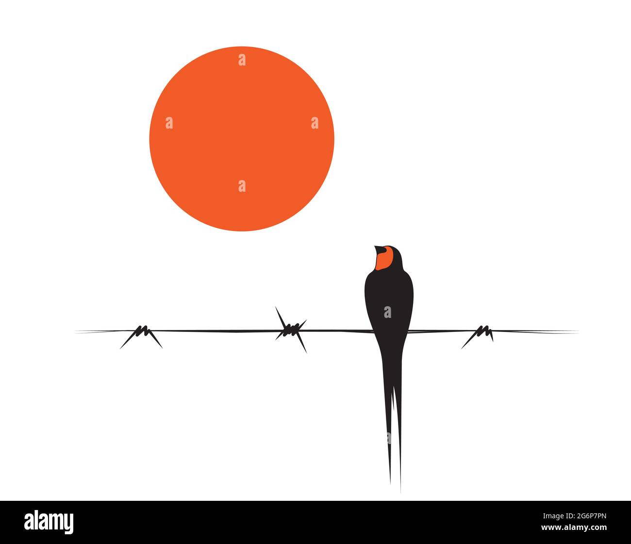 Vogel Silhouette auf Draht und Sonne Illustration, Vektor. Skandinavisches minimalistisches Kunstdesign. Vögel Illustration isoliert auf weißem Hintergrund. Wandkunst, ein Stock Vektor